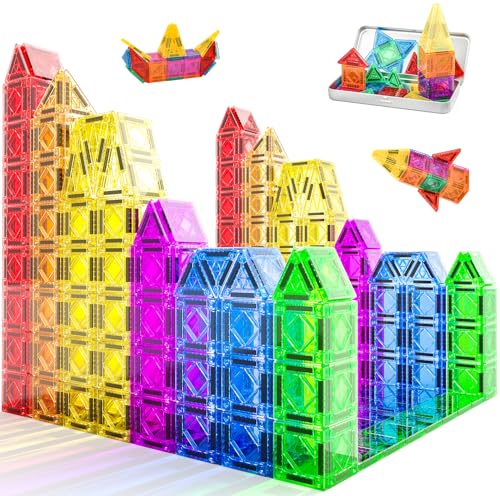 ECHOBUY Mini Tuiles Magnétiques 40 Pièces avec Boîte en Fer Portable, Blocs Construction Magnétiques 3D pour Enfants 3 4 5 6 Ans Cadeau Éducatif STEM Montessori Jouet de Voyage pour Filles et Garçons