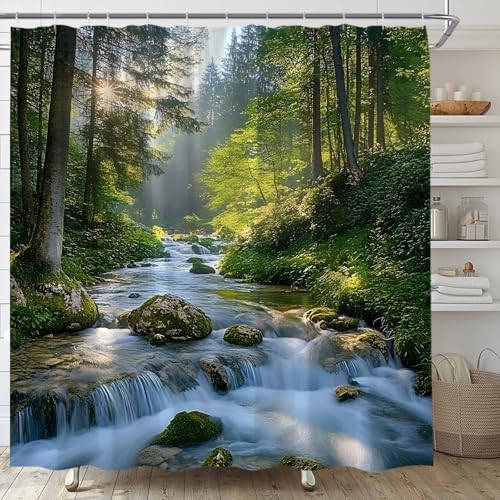 UEAUUN Forest Shower Curtain Nature Jungle Waterfall Green Tree River Tropical Rainforest Spring Summer Fabric Bathroom Decor with Hooks(70 WX70 H)