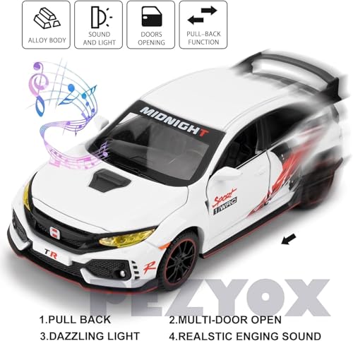 Image of 1 /32 Toy Car for Honda Civic Type-R Diecast Toy Vehicle Metal Pull Back Model Car with Light and Sound for Kids (White)