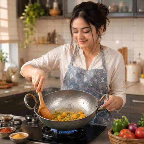 Image of Pure Iron Matthar Kadhai | Heavy Duty Hammered Iron Kadai with Strong Handles | Traditional Cooking Wok for Gas Stove | Deep Iron Kadhai for Indian Cooking (9 inch 22 CM 400ML)