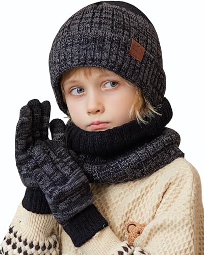 Image of Kids Winter Hat Gloves Scarf Set,Mixed-color Beanie hat Knit Neck Fleece Lining Touchscreen Gloves for Girls Boys 4-10Y