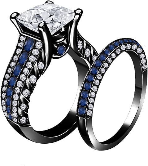14K Black Gold Plated in 925 Sterling Silver 10mm Dazzling Princess Cut Cubic Zirconia & CZ Blue Sapphire Wedding Band Engagement Bridal Set Ring
