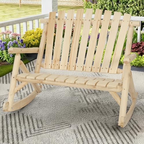 EPICOZY Outdoor Double Wooden Rocking Bench, Adirondack Porch Rocker Chair for 2 Persons, Patio Rustic Log Rocker Loveseat with High Slatted Seat & Backrest for Deck, Backyard, Garden, Natural