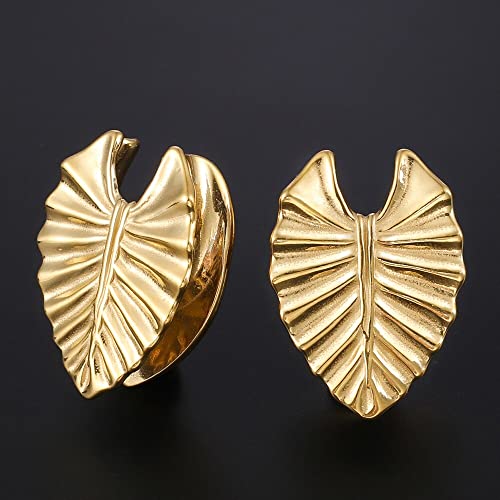 Earblity 2Pcs 10Mm/00G Gold Novelty Leaf Saddle Hanger Gauges Plugs For Stretched Ears, Hypoallergenic 316 Stainless Steel Ear Tunnels Gauges Body Piercing Jewelry For Men Women #TOP5