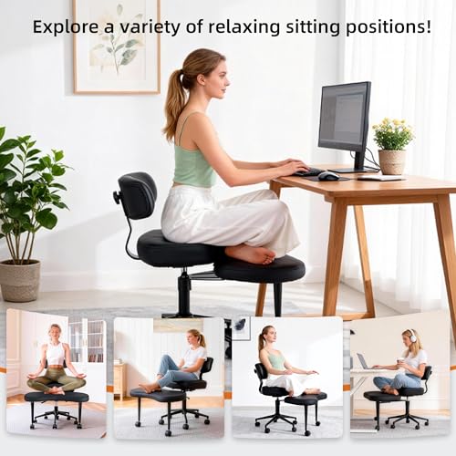 Image of DUMOS Ergonomic ADHD Cross Legged Office Desk Chair with Adjustable Backrest, Height Adjustbale Meditation Chair with 360 Swivel Footstool, PU Leather Yoga Stool for Home Office, Black