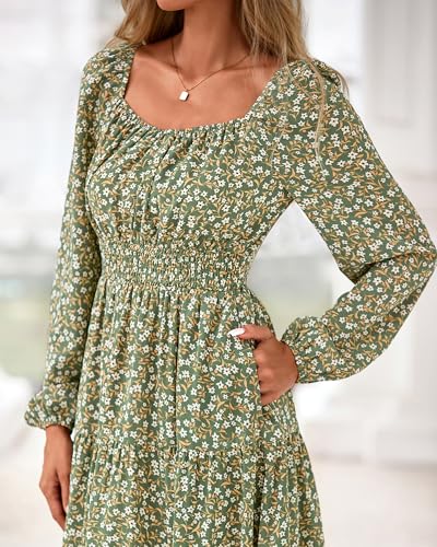 BTFBM Long Sleeve Dress for Women 2026 Spring Fall Boho Floral Square Neck Casual Flowy Long Wedding Guest Maxi Dresses(Floral Army Green, Small) - image 5
