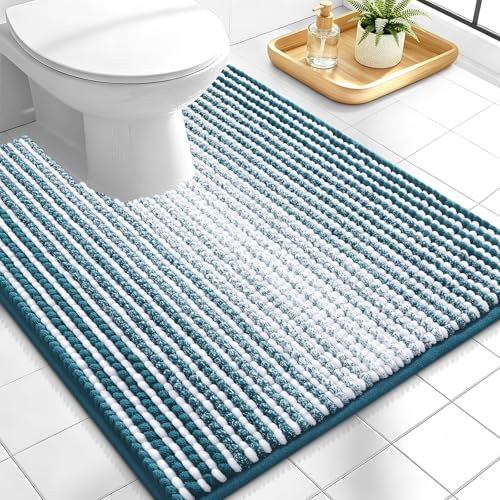 Image of OLANLY Toilet Rugs U-Shaped 24x20, Extra Soft Absorbent Chenille Striped Contour Bathroom Rugs for Toilet, Dry Quickly, Machine Washable, Non-Slip Bath Mat, Peacock Blue