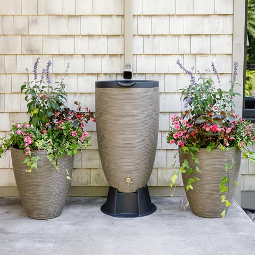 Image of Newport 50‑Gallon Flat‑Back Rain Barrel with Stand & Planter Bundle - Sandstone | Removable Lid, UV-Stabilized Outdoor Water Storage