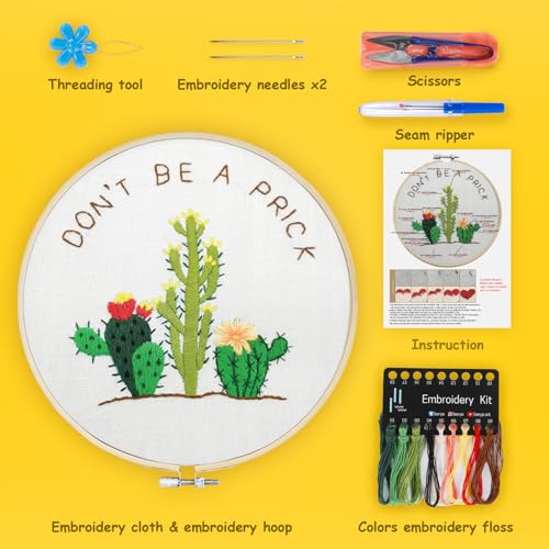 Image of BERYA Cactus Embroidery Kit Including Video Step by Step Instructions Embroidery Hoop,Color Threads and Embroidery Scissors for Beginners-Handmade Needlepoint Kits for Adults