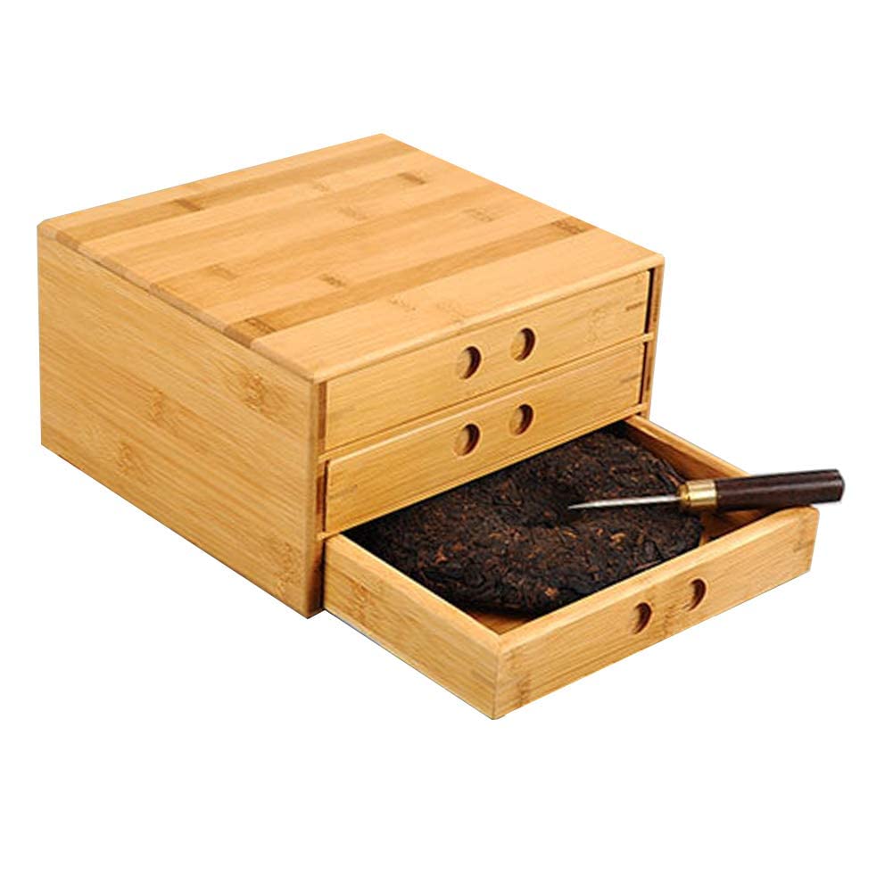Boîte à gâteau à thé Puerh en bambou avec tiroir, organiseur de rangement pour thé Pu Erh pour amateur de thé à support et rangement B-P-H-1 (3 tiroirs)