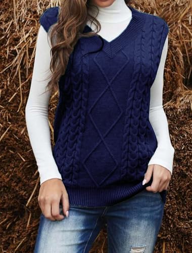 Image of Women's Sweater Vest,Long Cable Loose Knitted Sleeveless V Neck Casual Sweaters Tank Top S~XL