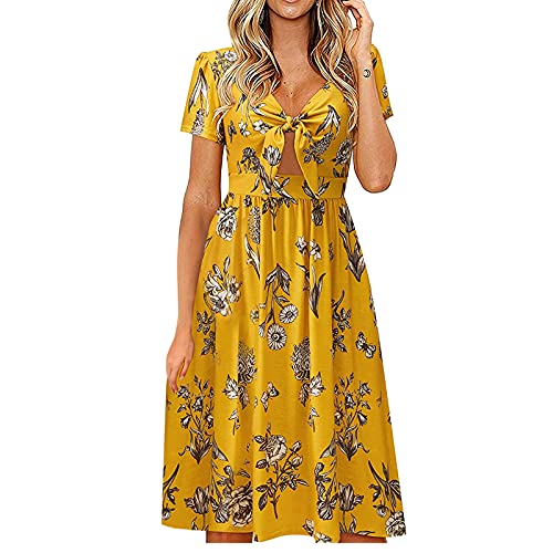NMSL Women's Summer Mini Dress Casual V Neck Floral Embroidery Ruffle Sleeveless Shift Dress Flowy Boho Dress Two Piece Outfits 2021 Tie Dye Dress Short Outfits V Neck Shirts,Yellow,Small