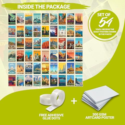 Image of MODERN GALLERY MART Pack of 54 Travel Wall Collage Kit Posters - 4 x 6 Inches Posters for Wall Decoration - Wall Art For Bedroom, Office, Living room, Dorm room - Glue Dots Included
