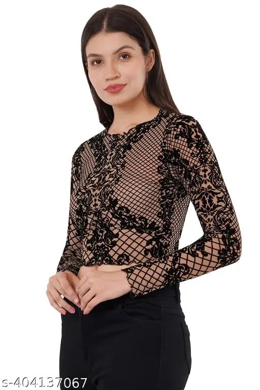 Image of ICW Women Long-Sleeves Round Neck Net Printed Transparent Mesh Sheer Crop Top T-Shirt DN38(Mix Print)