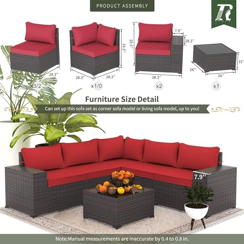 Image of 6 PCS Outdoor Patio Furniture Set,Outdoor Sectional Furniture All Weather PE Rattan Wicker Patio Conversation Set with Coffee Table and 5 Thickened Cushions,Red