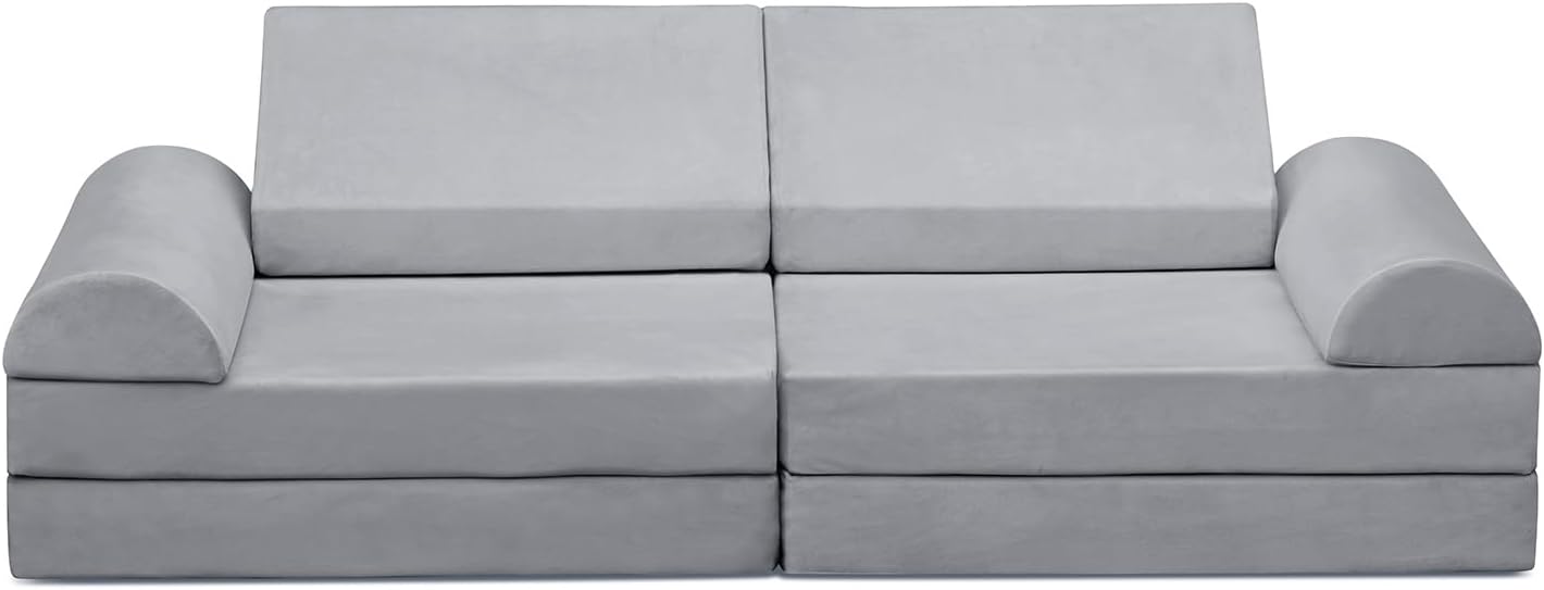 Modular Kids Play Sofa Set, 8pcs Convertible Play Couch for Playroom Bedroom – Multi Purpose, Soft Safe, Grey – Fun for Children