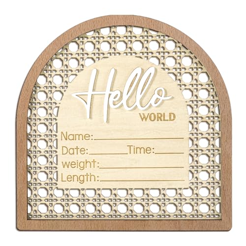 Josojoou Baby Announcement Sign, 5.5in Wooden Arched Baby Shower Welcome Sign, Hello World Newborn Welcome Signs Birth Name Tag, Can be Used for Photo...