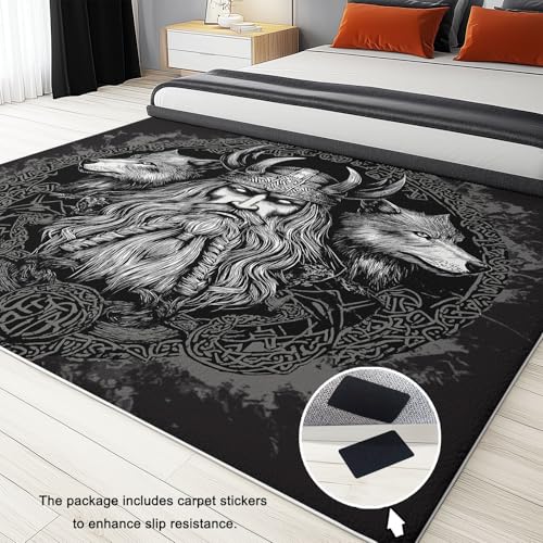 Tapis de chambre doux poils courts loup noir antidérapant