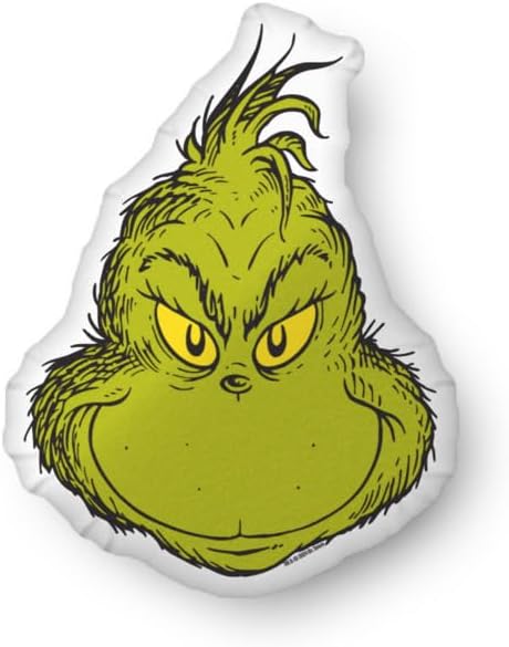 Dr. Seuss The Grinch Face Pillow, Decorative Pillow for Home and Office, Throw Pillow for Bed, Chair and Couch,- Soft & Cozy Plush - Officially Licensed