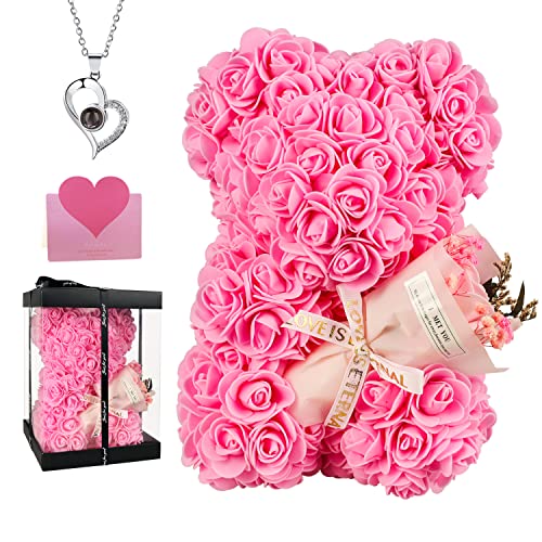 POHOMEGK Ours Rose Eternelle avec Collier, Ours en Rose Cadeau Unique pour Femme :Saint Valentin,Fête des Mères,Noel,Mariages, Anniversaire