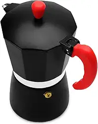 Cafeteira Italiana Moka Fogão Indução e a Gás Premium Preta com Alça Vermelha 300 ML – 6 Xícaras – Alumínio Resistente – Válvula de Segurança - Café Espresso – Design Clássico e Elegante