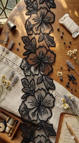 Image of Black Organza Floral Embroidered Lace Border with Sequin Work, Net Lace Trim for Saree, Blouse, Lehenga, Dress, 3 Meter