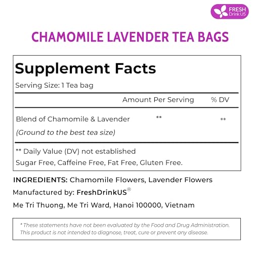FreshDrinkUS, Premium 200 Chamomile Lavender Tea Bags, 100% Natural Herbal Ingredients, Hand-made Blend of Chamomile Lavender Flowers, Eco-conscious Tea Bags. No Sugar, No Caffeine, No Gluten, Vegan.