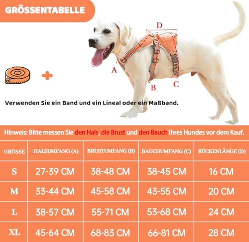 BELPRO Mehrzweck-Hundegeschirr, ausbruchsicher, kein Ziehen, reflektierend, verstellbare Weste mit strapazierfähigem Griff, Hundegeschirr für große/aktive Hunde(Orange, S)
