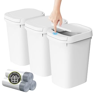 KSSKSS 3 Pack Bathroom Small Trash Can with Lid, 2.6 Gallon Slim Garbage Bin with Pop-Up Lid, 10L Plastic Wastebasket for Bedroom, Office, Kitchen, Toilet White