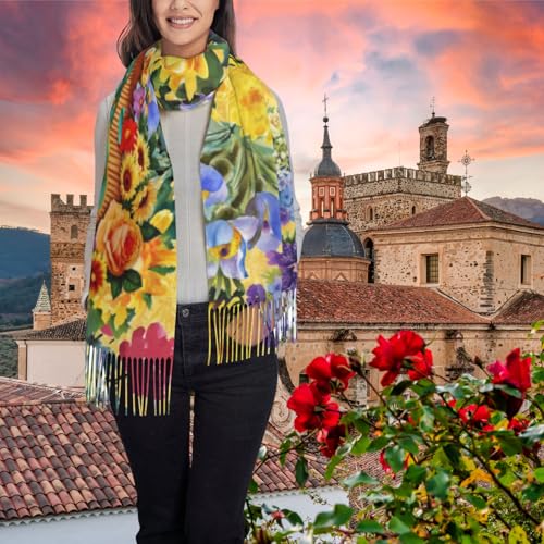 Virgen de Guadalupe Shawl Wraps for Women Catholic - Yellow Floral Scarf with Tassels - 77.6 x 28.3in2
