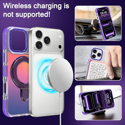 Image of Magnetic for iPhone 17 Pro Case with Stand [Compatible with Magsafe] [Cute Fashion Fluorescent Design] [1 Screen Protector] Slim Translucent Matte Case for iPhone 17 Pro 6.3 inch 2025, Purple