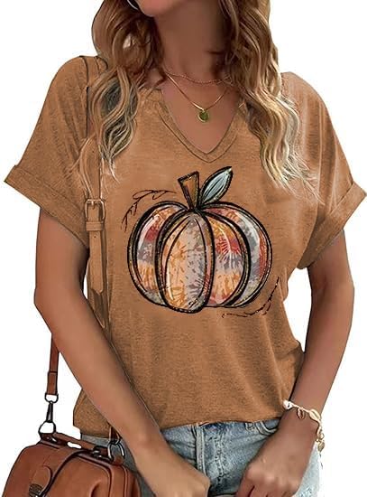 V Neck Fall Shirts for Women Pumpkin Graphic T Shirts Cute Halloween Tops Thanksgiving Tee