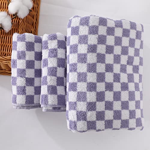 Idorespell Luxury Purple White Checkered Bath Towel Sets Large Ultra Soft 100% Cotton Classic Checkerboard 1 Bath Towels Sheets 2 Hand Towels Highly Absorbent For Adults Woman Girl Face Body (Purple) #TOP4