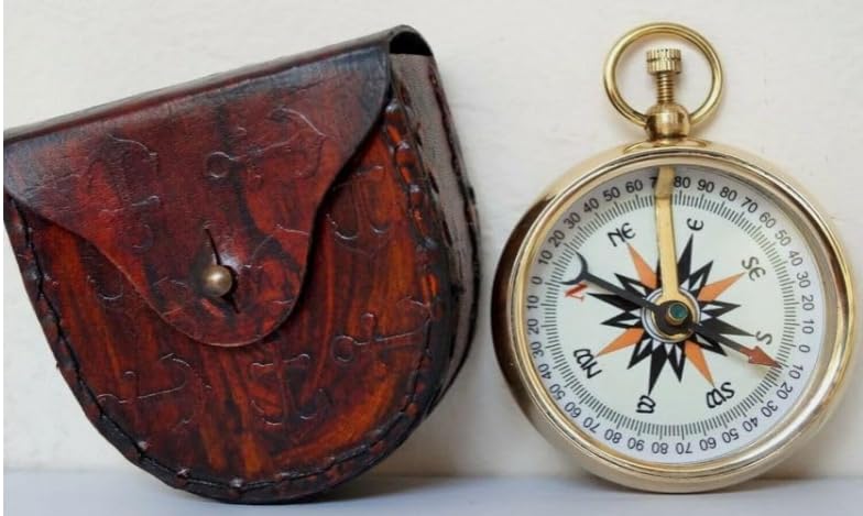 Brújula de bolsillo vintage de latón con estuche de cuero estilo antiguo para navegación náutica, ideal para senderismo, camping, viajes y exploración miniatura 1
