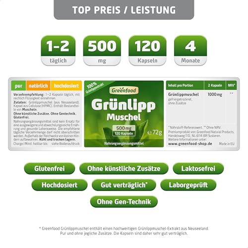 Grünlippmuschel, hochdosiert, 500 mg - 120 Kapseln. Reiner Grünlippmuschel-Extrakt. OHNE künstliche Zusätze, laborgeprüft. Von Greenfood.