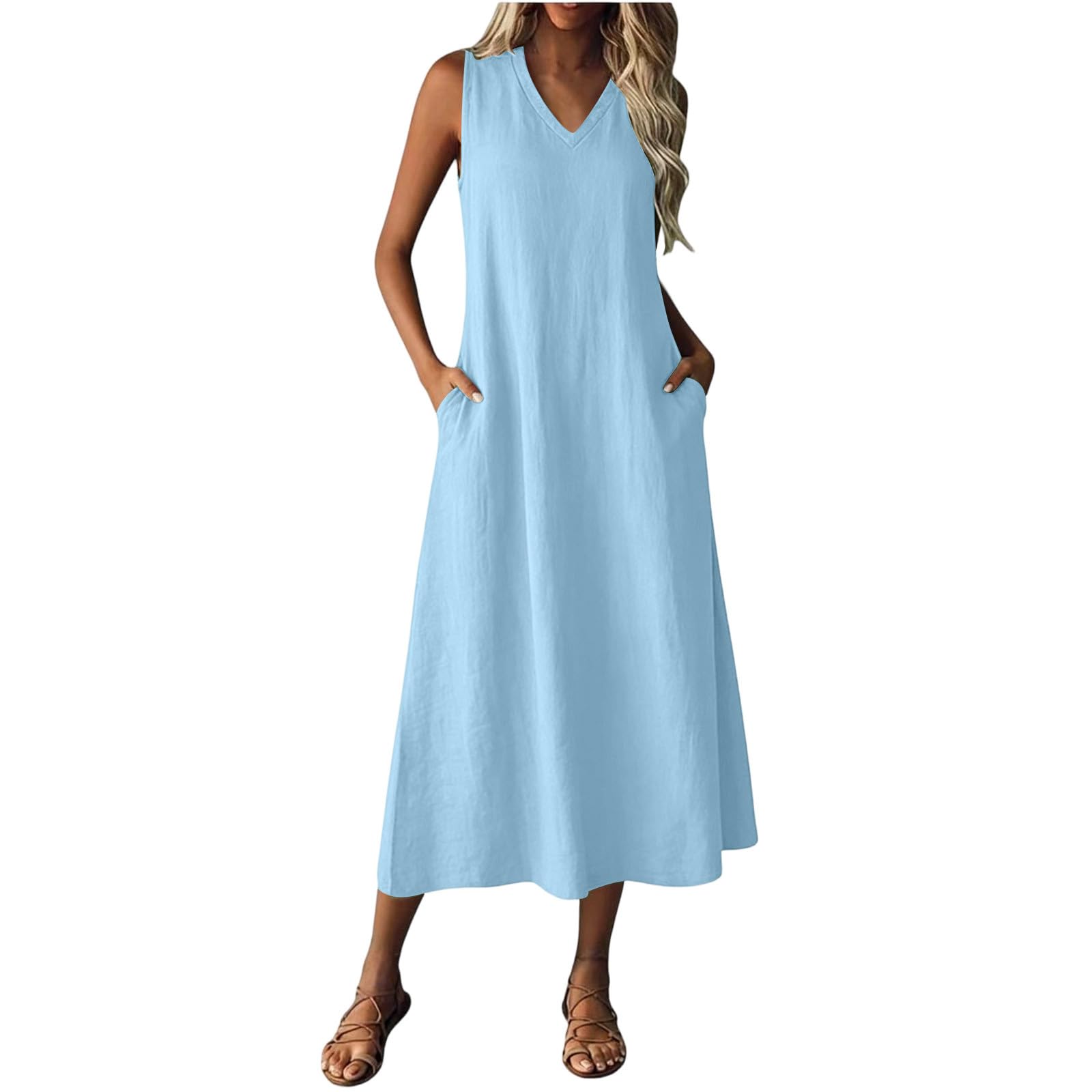 Vevpewshi Summer Linen Dresses for Women Solid Color V-Neck Sleeveless Dresses Beach Vacation Casual Sundress Back Zipper Dress