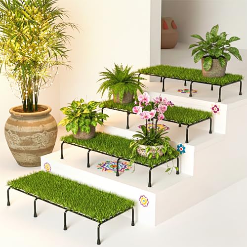 Image of Kuber Industries 4 Pcs Metal 24 Inch Planter Stand with Green Grass (Included) | Decorative Plants Pot Holder for Balcony, Garden, Home, Indoor & Outdoor | Black