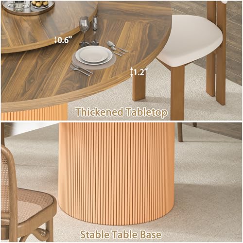 Image of 55 inch Round Dining Table for 4-6 People, Modern Farmhouse Dining Kitchen Table with Fluted Cylindrical Pedestal Base for Dining Room, Living Room, Kitchen, 360 Rotating(Chairs Not Included)