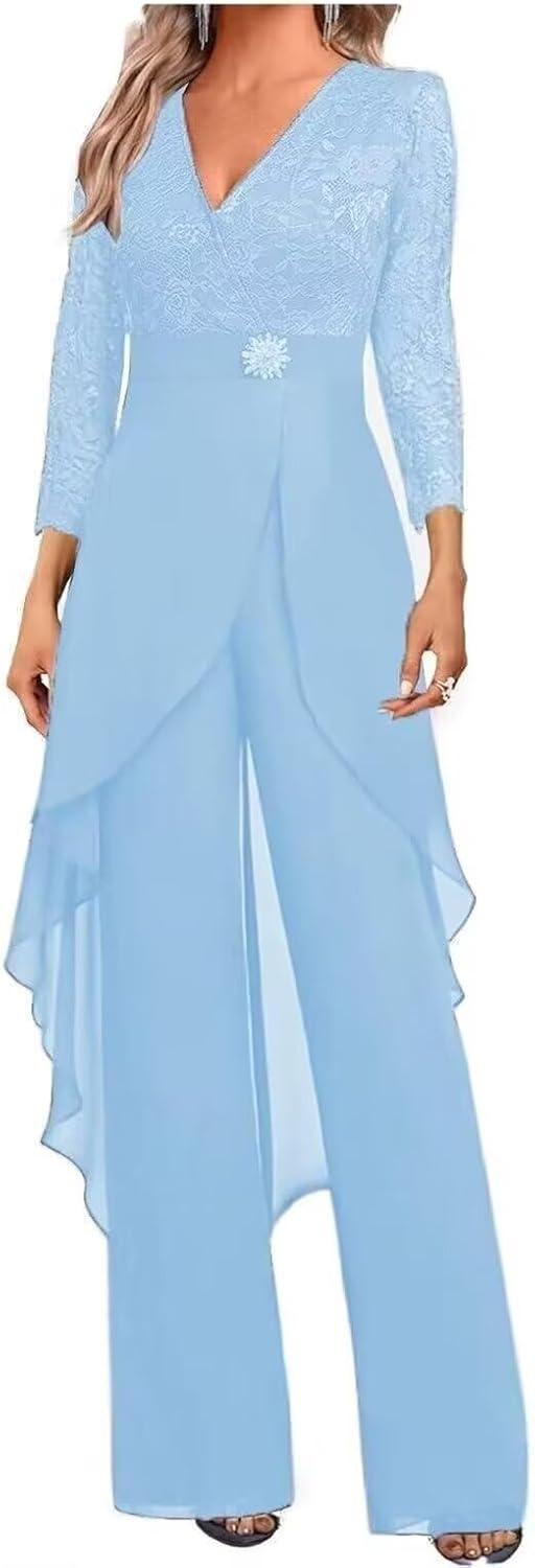 2 Pieces Mother of The Bride Pant Suits for Wedding Long Lace Chiffon Women Formal Outfits CD056