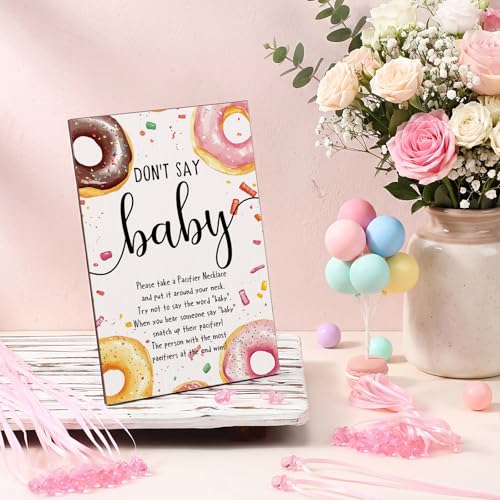 Image of Wesiti 51 Pcs Cool Baby Shower Game Wooden Sign Gift Sets 50 Baby Shower Pacifiers Necklace Acrylic Pacifier for Gender Reveal Party Favor(Donut,Pink)