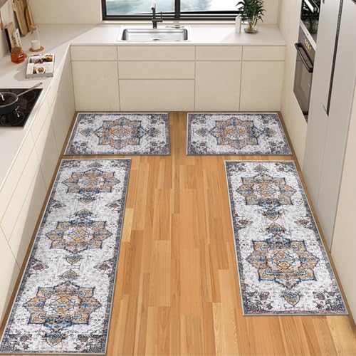 SIPIHA Non Slip Kitchen Rug Sets 4 Piece with Runner Farmhouse Kitchen Rugs and Mats Washable Kitchen Mats for Floor Thick Kitchen Floor Mat Carpet Runner Rugs for Entryway, Laundry, Sink