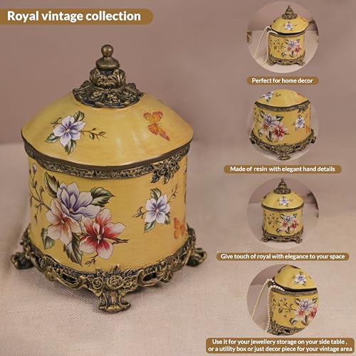Image of Flower Printed Luxurious Jewellery Jar, Resin Handcrafted Antique Premium Jewelry Storage Box for All Jewelry Necklaces Earring Ring Chain Bangle (Mustard, 6.5X10 Inch)