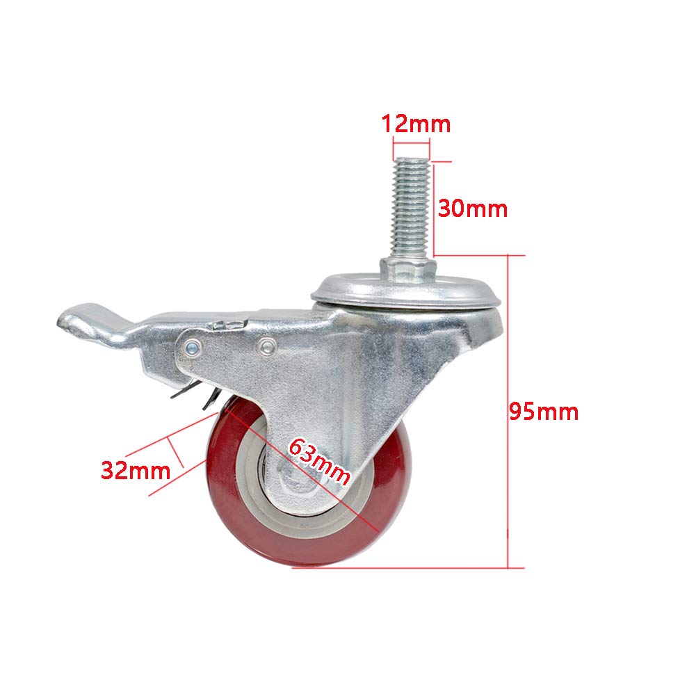 4 x kółka PU do dużych obciążeń, 63 mm, gwint M12, nośność 300 kg, wychylne, ciche, z hamulcem, do mebli, krzeseł biurowych, wyposażenia szpitala i rusztowań