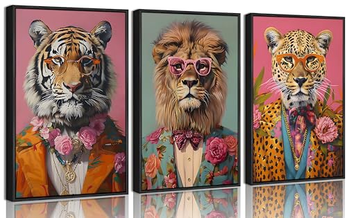 3Pcs Framed Funky Animals Canvas Wall Art Maximalist Wall Decor