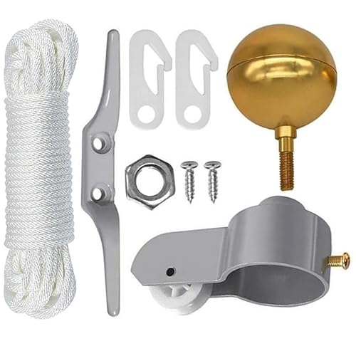 Swsdee Kit Accessori per Asta Bandiera, Set Composto da Sfera Dorata, Corda, Moschettone, Bitta, Puntale in Alluminio con Puleggia, per Bandiera, Kit Asta Bandiera per Giardino di Casa, Residenziale