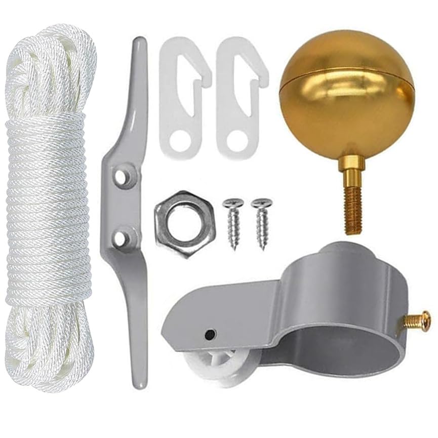 Kit accessoires mât de drapeau avec boule dorée, corde et poulie en aluminium