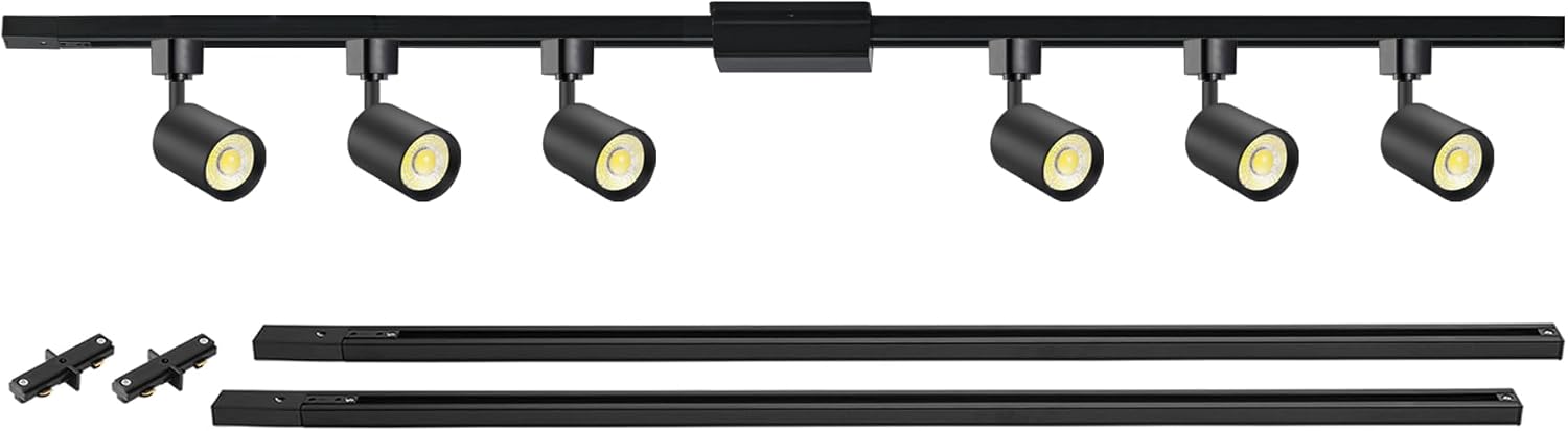 VANoopee Floating Canopy Connector Included, 6-Light LED Track Lighting Kit with 6.6FT H Type Track Rails, Dimmable Track Light Heads, 3000K Warm White, No Flicker 10W 800lm Black