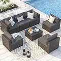 MEISSALIVVE 7 Pieces Patio Conversation Sets, Modern Rattan Wicker Outdoor Sectional Sofa Set, All-Weather Wicker Patio Furniture Set with Adjustable Seat, Soft Cushions & Coffee Table, Grey