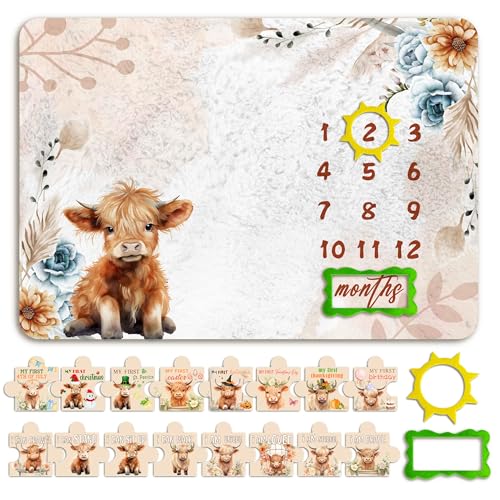 EQIUAG Highland Cow Baby Monthly Milestone Blanket, Newborn Photography Background Decor, Highland Cow Nursery Decor, Perfect Newborn Gift & Keepsake