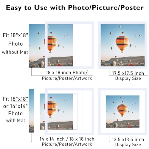 Image of JCJMY 18x18 Picture Frame White with 14x14 Mat, Display Photo 14x14 with Mat or 18 x 18 Without Mat, Wall Hanging Large 18x18 Poster Frame with Shatter Resistant Plexiglass, White